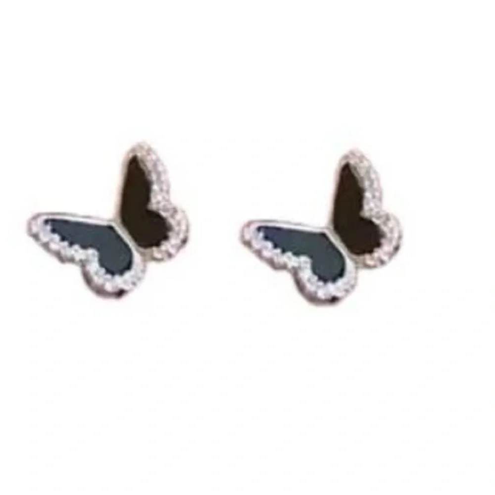 Black Cubic Zirconia Butterfly Stud Earrings, Black Butterfly Earrings